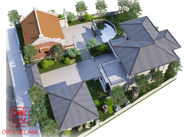Phối cảnh tổng thể thiết kế nhà ở kết hợp nhà thờ sân vườn cảnh quan